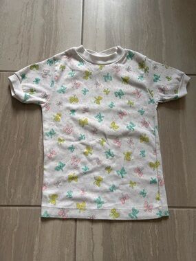 6X vintage Short Sleeve Bow Print‎ Top - White with Pink, Green & Yellow